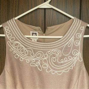 Anne Klein Sleeveless Linen Dress with Cream Embroidery, Size 12